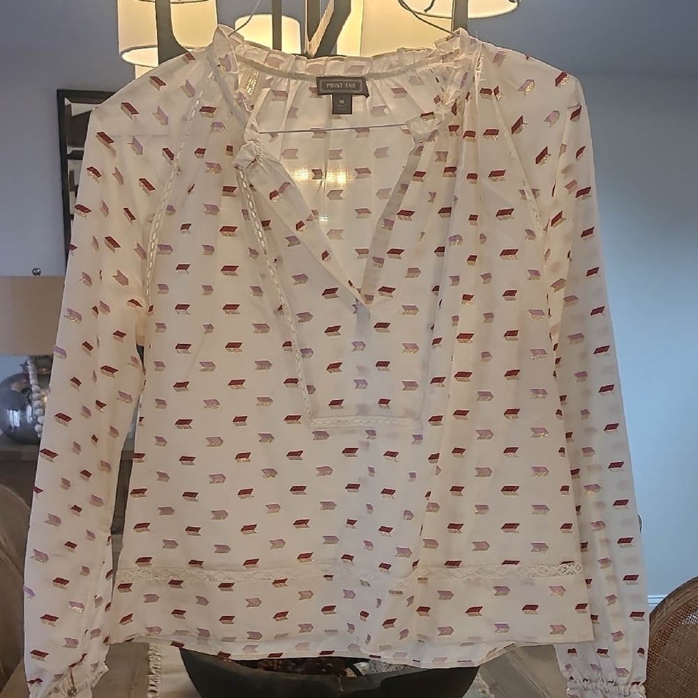 J. Crew Cream and Brown Tie Front Blouse with Mandarin Collar